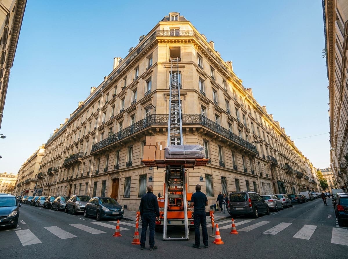 Monte-meuble IDEV EXPRESS déployé le long d’un immeuble haussmannien du 11e arrondissement de Paris
