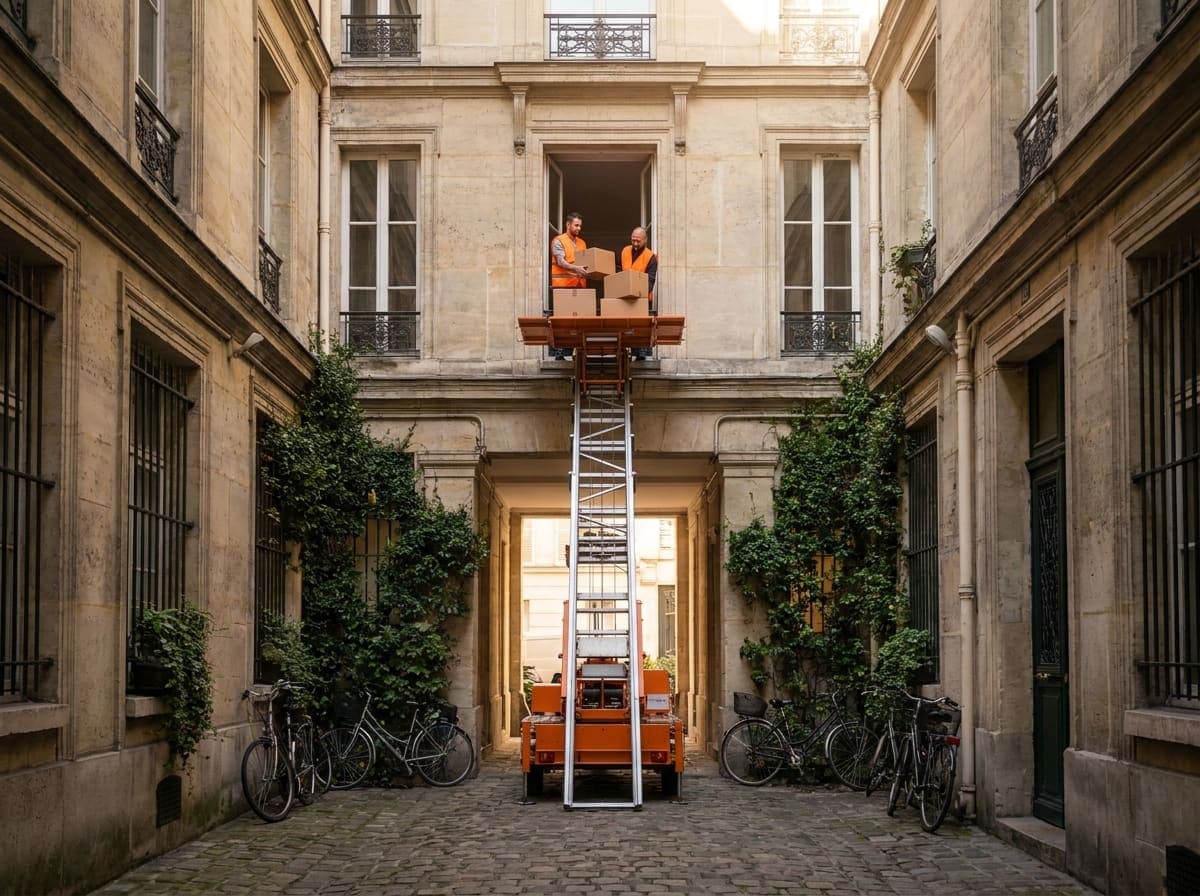 Monte-meuble déployé au cœur d’une cour intérieure haussmannienne, opérateurs chargeant des cartons par la fenêtre