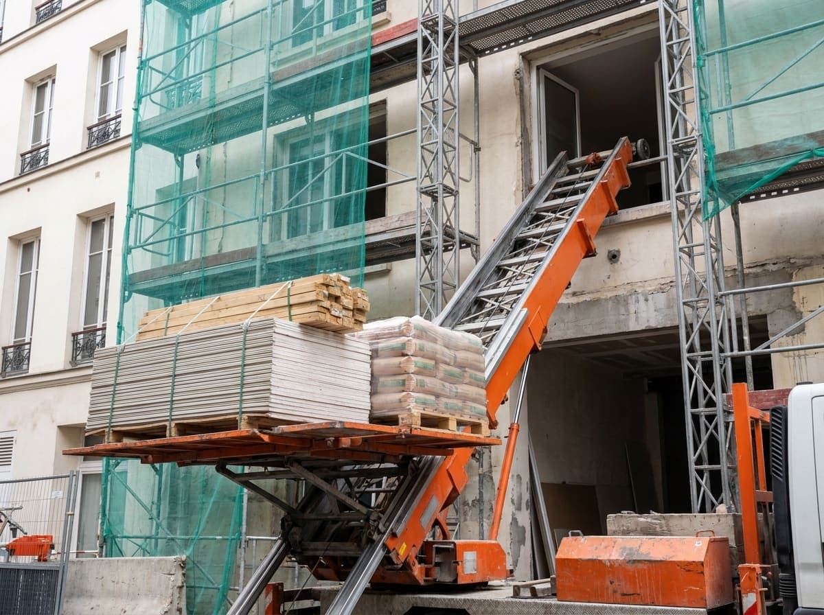 Plateforme de monte-meuble chargée de matériaux de construction (plâtre, bois, ciment) sur un chantier urbain