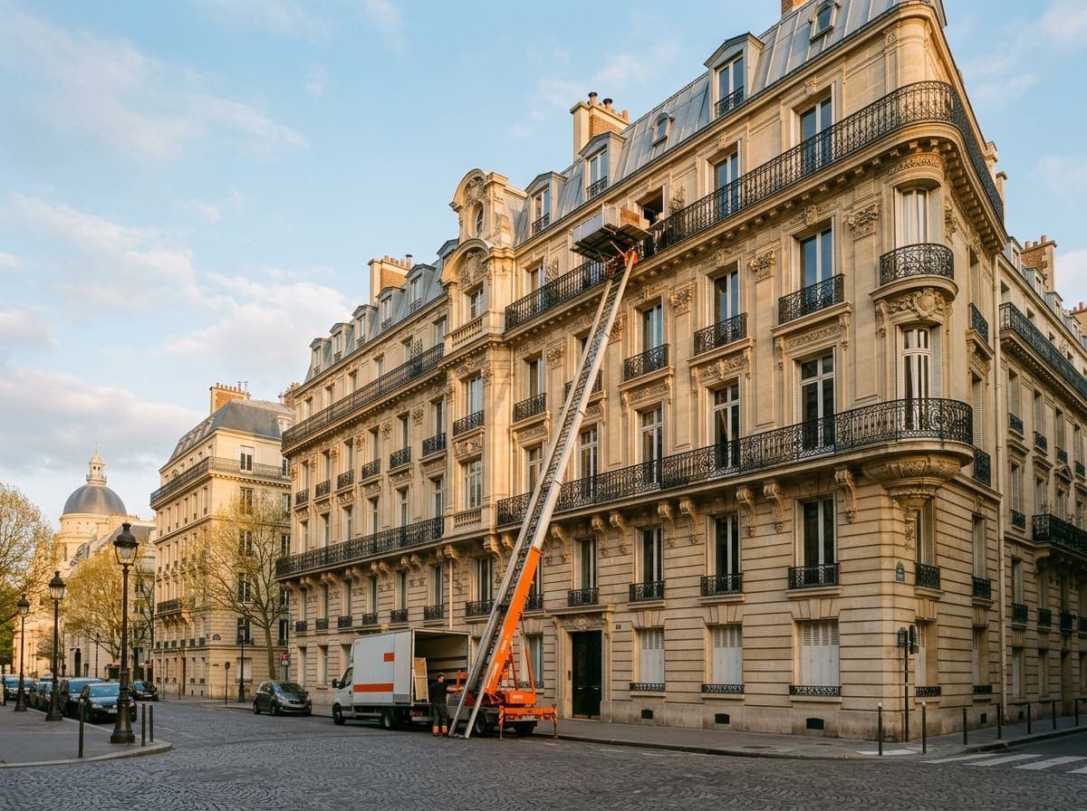 Monte-meuble orange déployé le long de la façade haussmannienne d’un immeuble parisien