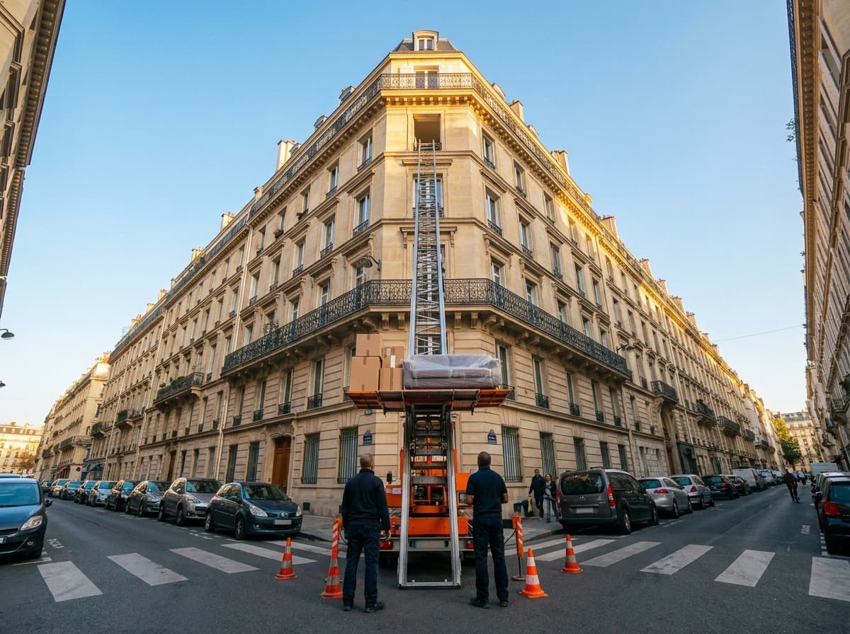 Vue d'angle d'un immeuble haussmannien parisien avec monte-meuble en cours de déménagement