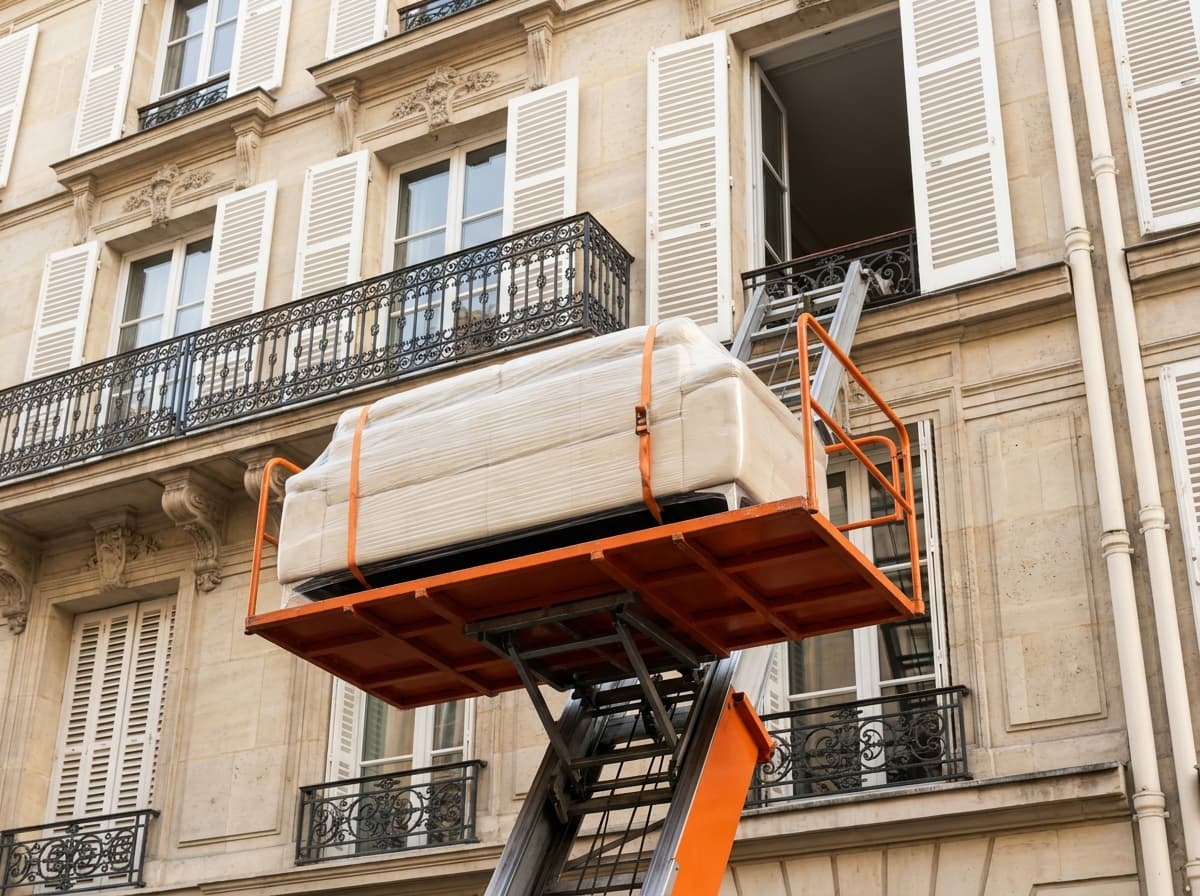 Canapé emballé sous film protecteur, transporté par monte-meuble vers le 3e étage d'une bâtisse classique versaillaise